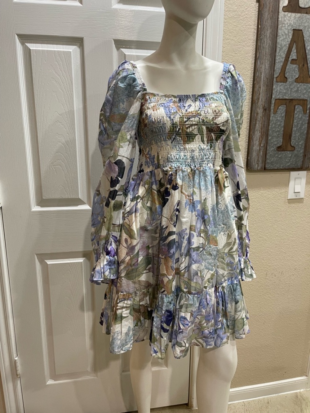 & Other Stories Smocked Mini Dress in Blue Dusty Floral Print Size 10 - Picture 3 of 10
